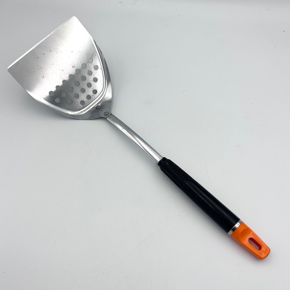 Vintage Ekco Top Drawer Slotted Spatula Turner Stainless Steel Black Orange USA